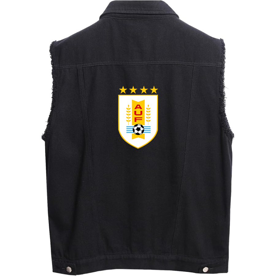 Men’s Uruguay National Soccer Team - Sleeveless Distressed Denim Vest – Rugged Black Jean Jacket