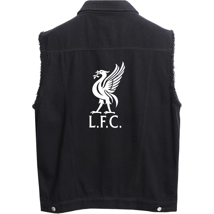 Men's  Liverpool L.F.C Soccer  - Sleeveless Distressed Denim Vest – Rugged Black Jean Jacket