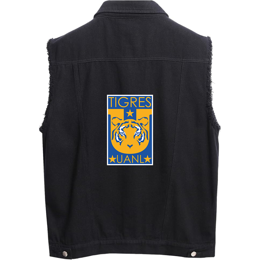 Men’s Tigres UANL FC  - Sleeveless Distressed Denim Vest – Rugged Black Jean Jacket