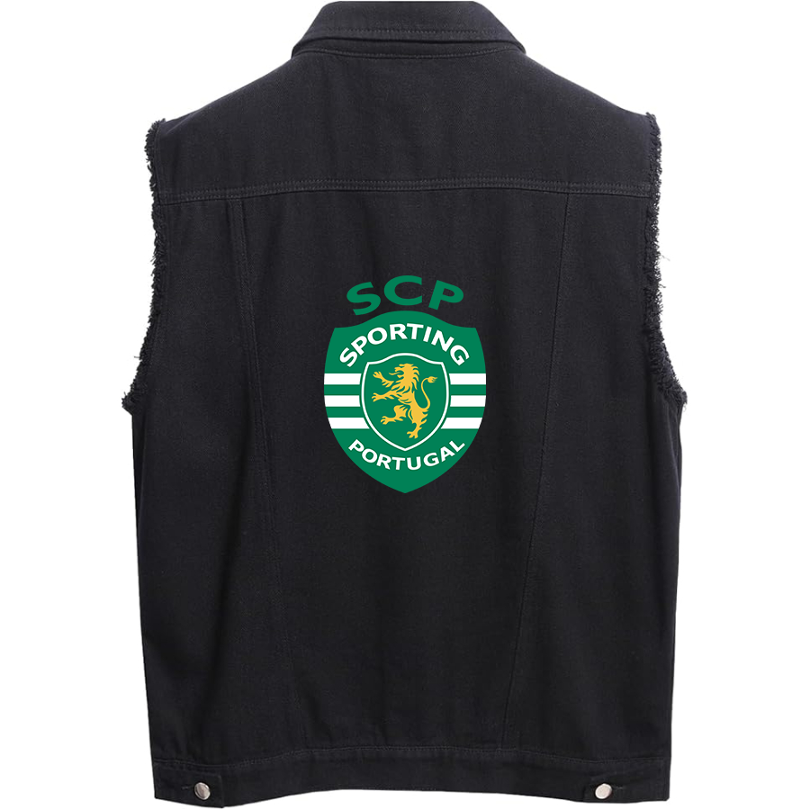 Men’s  Sporting CP FC - Sleeveless Distressed Denim Vest – Rugged Black Jean Jacket