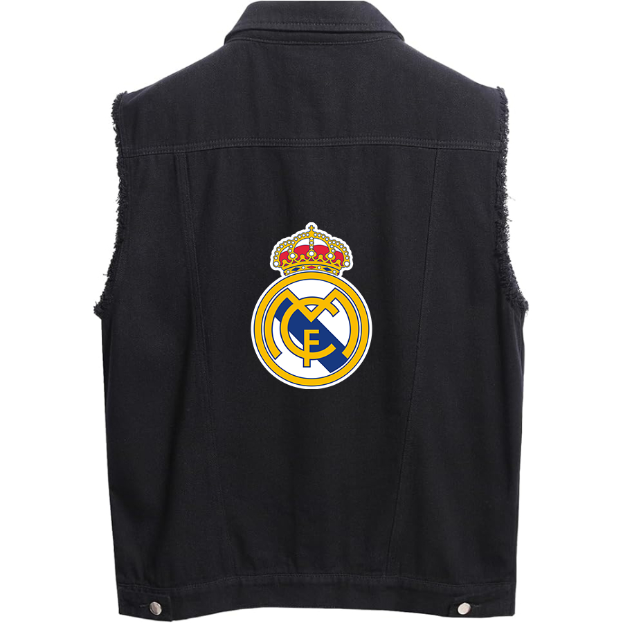 Men's  Real Madrid Soccer  - Sleeveless Distressed Denim Vest – Rugged Black Jean Jacket