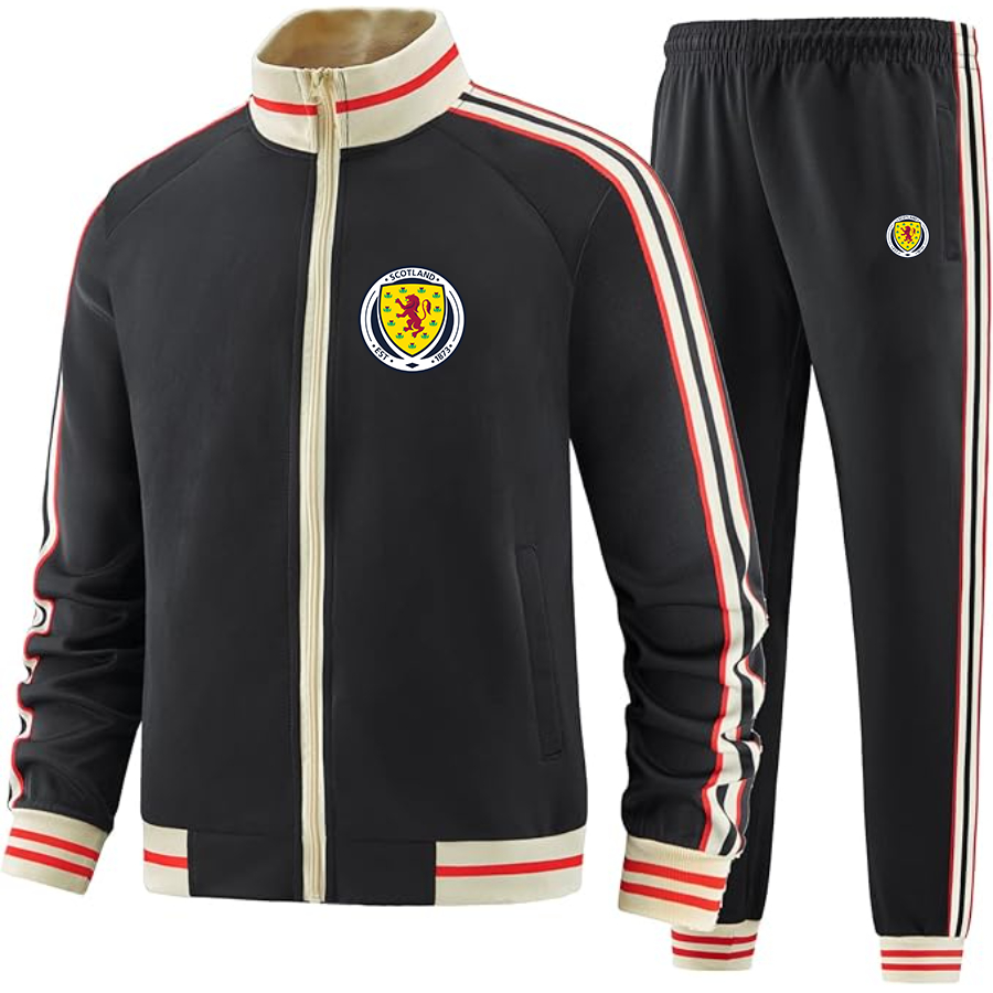 Men's  Scotland National Soccer Team  - Premium Two-Piece Designer Tracksuit with Bold Striped Accents and Zippered Front - Elevated Athletic Wear