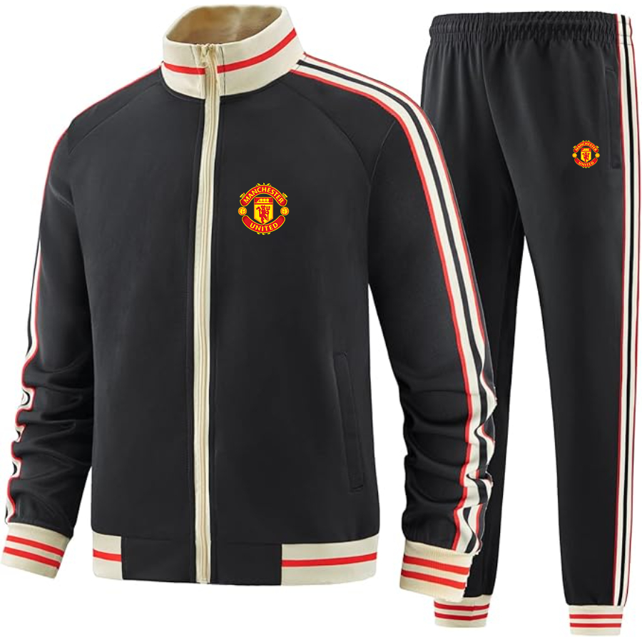 Men's  Manchester United Soccer - Premium Two-Piece Designer Tracksuit with Bold Striped Accents and Zippered Front - Elevated Athletic Wear