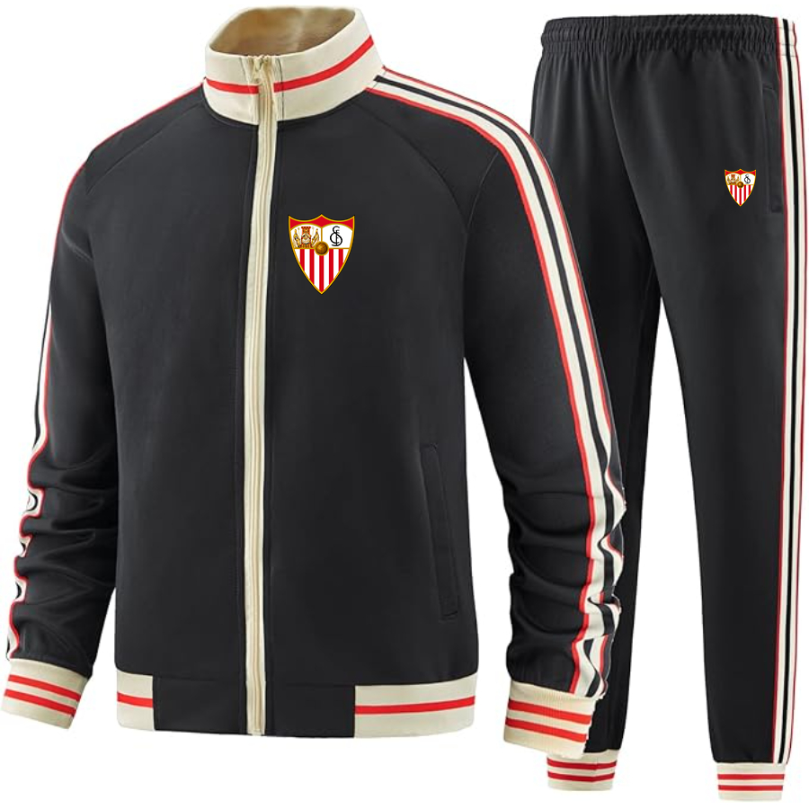 Men's  Sevilla FC  - Premium Two-Piece Designer Tracksuit with Bold Striped Accents and Zippered Front - Elevated Athletic Wear