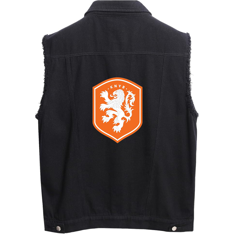 Men's  Netherlands National Soccer Team - Sleeveless Distressed Denim Vest – Rugged Black Jean Jacket