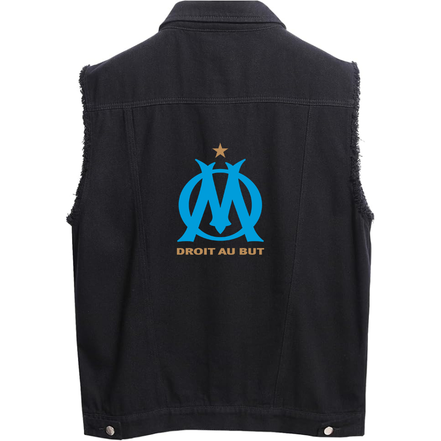 Men's  Olympique de Marseille FC  - Sleeveless Distressed Denim Vest – Rugged Black Jean Jacket