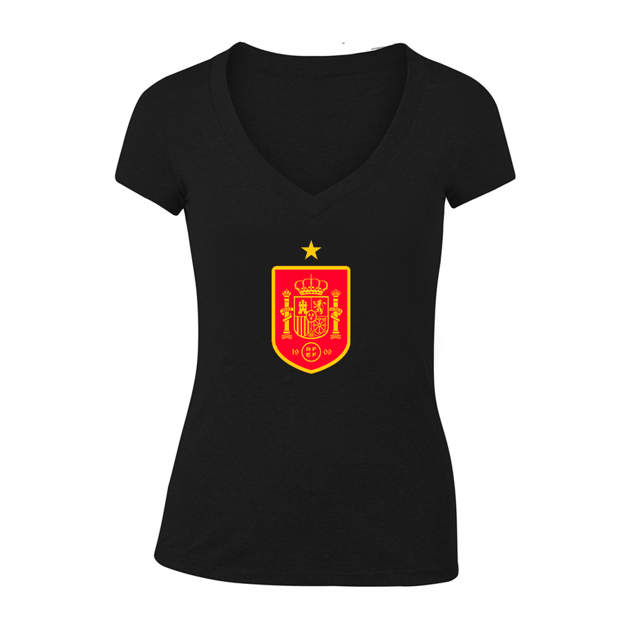 Women's Spain Red Logo National Soccer Team V-Neck T-Shirt