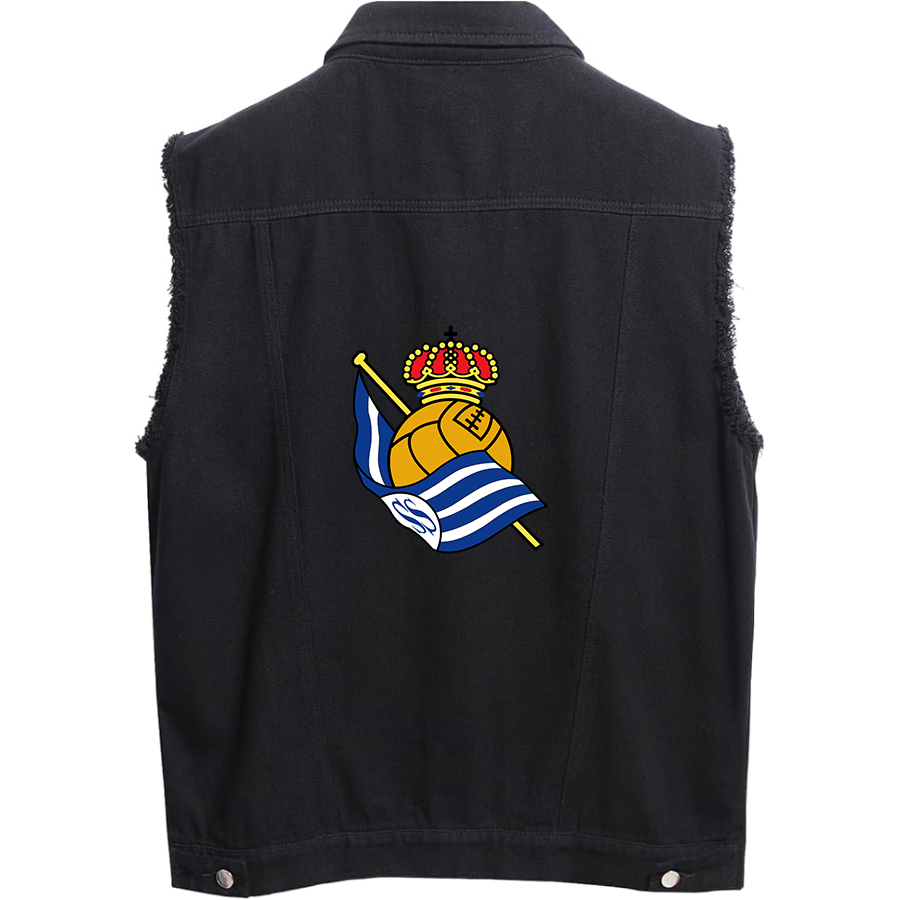 Men's  Real Sociedad FC   - Sleeveless Distressed Denim Vest – Rugged Black Jean Jacket