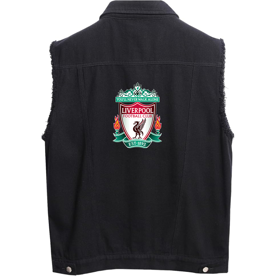 Men's  Liverpool Football Club Est.1892 - Sleeveless Distressed Denim Vest – Rugged Black Jean Jacket