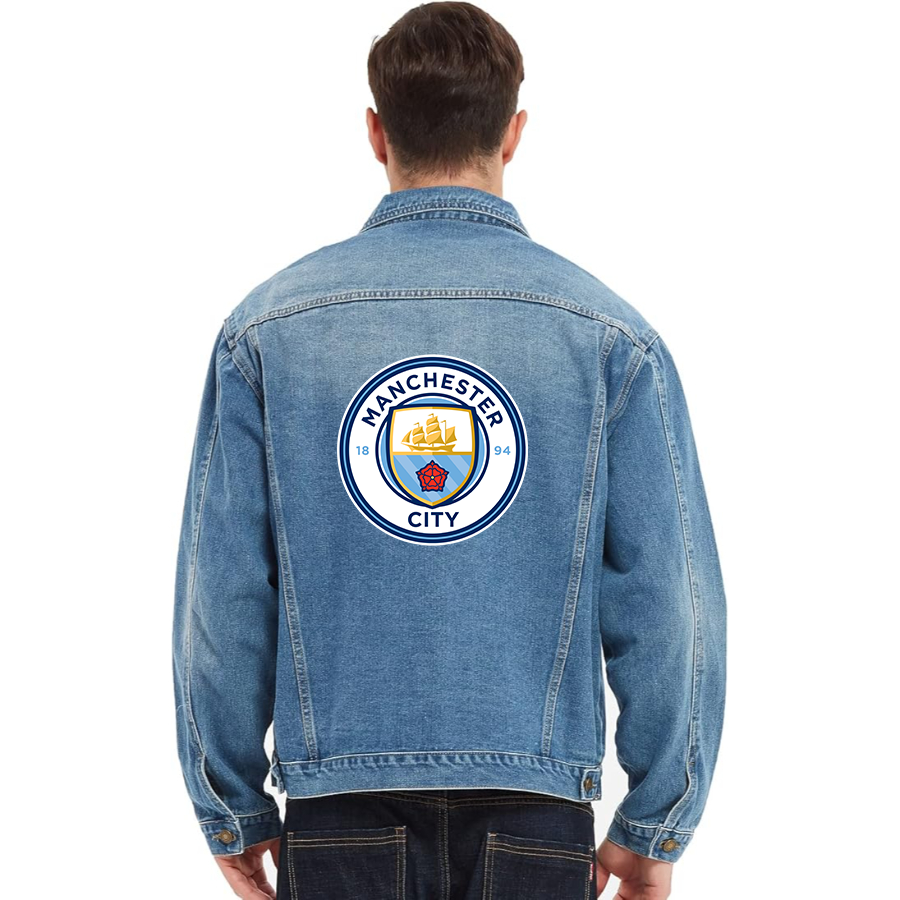 Men’s  Manchester City Soccer - Vintage Distressed Denim Jacket – Stylish Casual Jean Outerwear