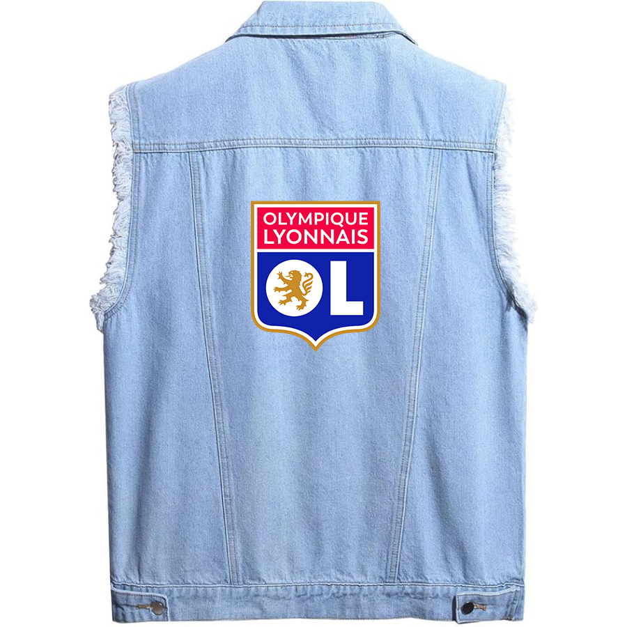 Men's  Olympique Lyonnais FC - Sleeveless Distressed Denim Vest – Rugged Black Jean Jacket