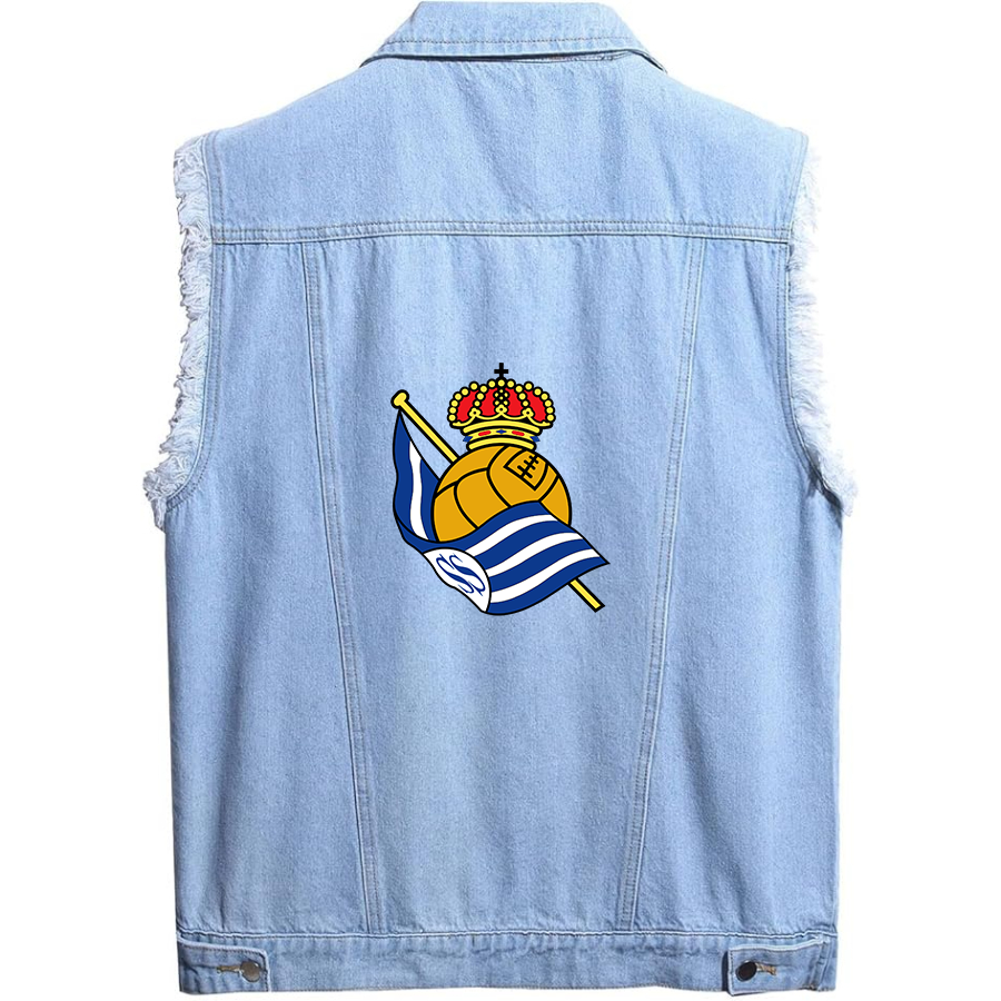 Men's  Real Sociedad FC   - Sleeveless Distressed Denim Vest – Rugged Black Jean Jacket