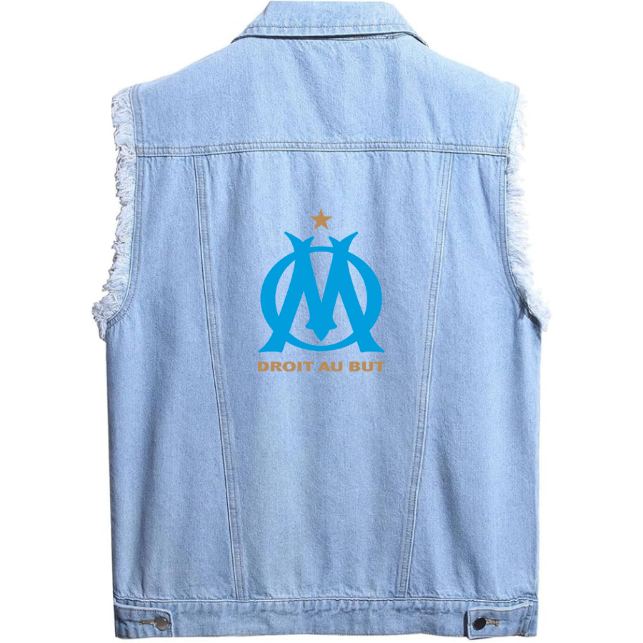 Men's  Olympique de Marseille FC  - Sleeveless Distressed Denim Vest – Rugged Black Jean Jacket