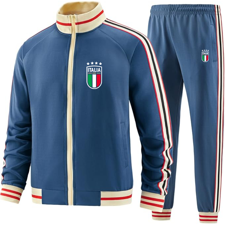 Men's Italy National Soccer Team - Premium Two-Piece Designer Tracksuit with Bold Striped Accents and Zippered Front - Elevated Athletic Wear