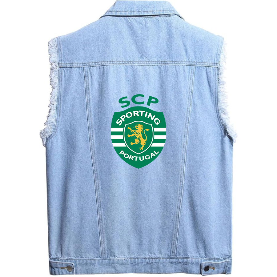 Men’s  Sporting CP FC - Sleeveless Distressed Denim Vest – Rugged Black Jean Jacket