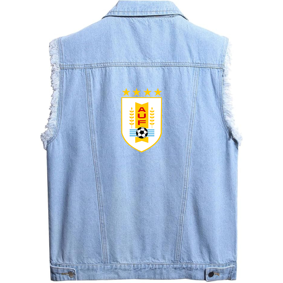 Men’s Uruguay National Soccer Team - Sleeveless Distressed Denim Vest – Rugged Black Jean Jacket