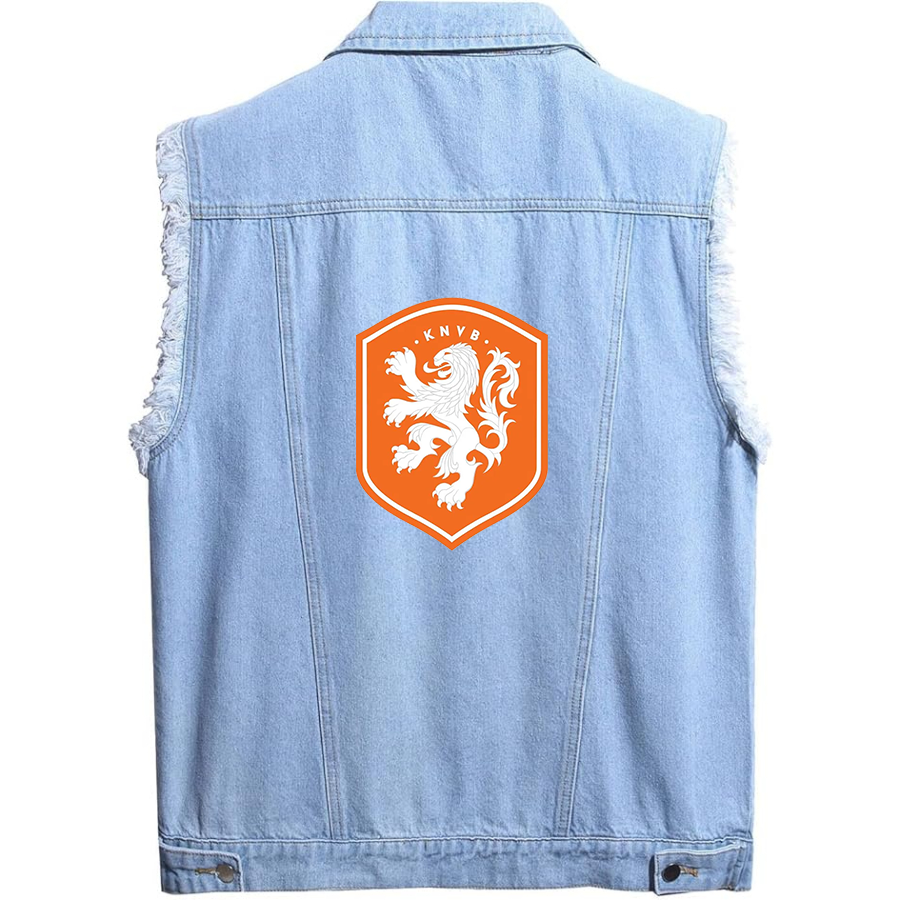 Men's  Netherlands National Soccer Team - Sleeveless Distressed Denim Vest – Rugged Black Jean Jacket