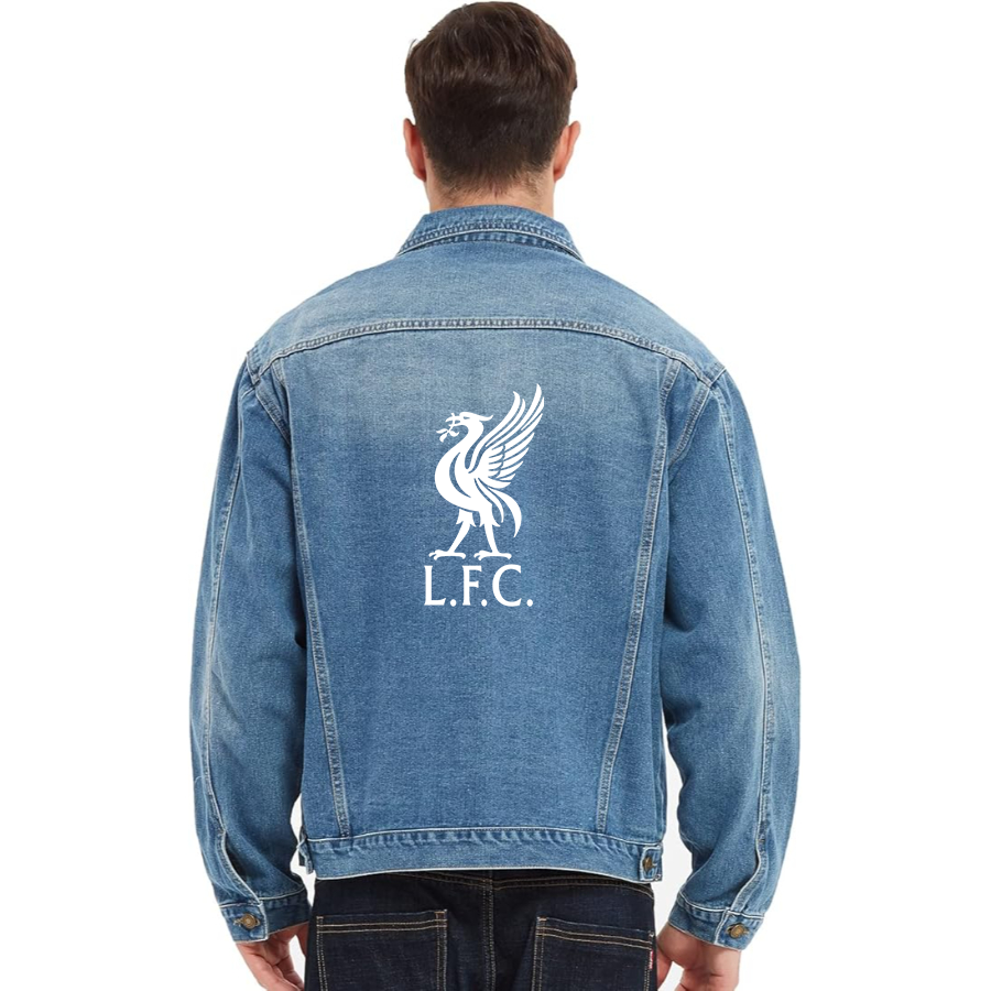 Men’s Liverpool L.F.C Soccer  - Vintage Distressed Denim Jacket – Stylish Casual Jean Outerwear