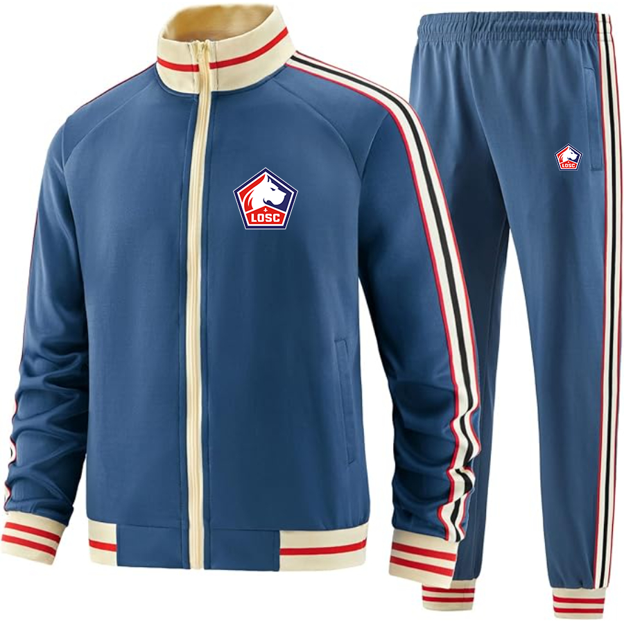 Men's Lille Olympique FC - Premium Two-Piece Designer Tracksuit with Bold Striped Accents and Zippered Front - Elevated Athletic Wear