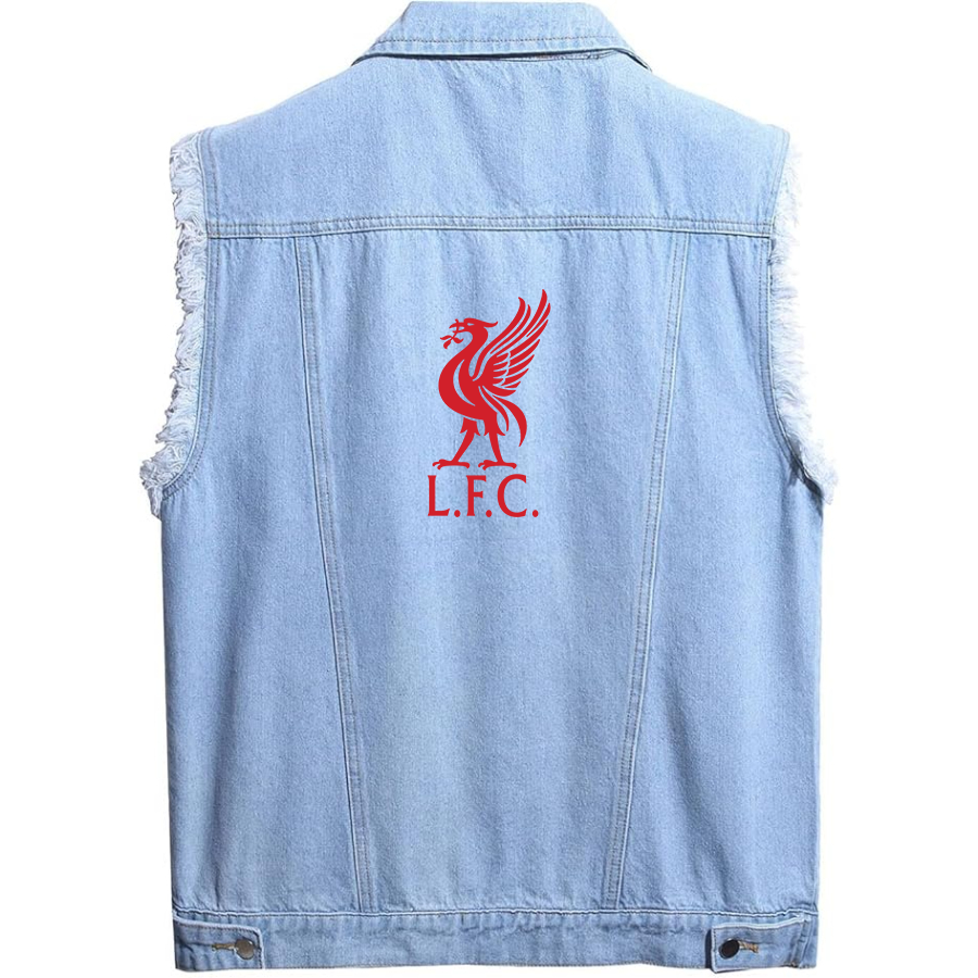 Men's  Liverpool L.F.C Soccer  - Sleeveless Distressed Denim Vest – Rugged Black Jean Jacket