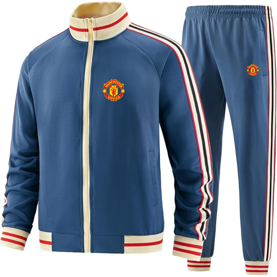 Men's  Manchester United Soccer - Premium Two-Piece Designer Tracksuit with Bold Striped Accents and Zippered Front - Elevated Athletic Wear