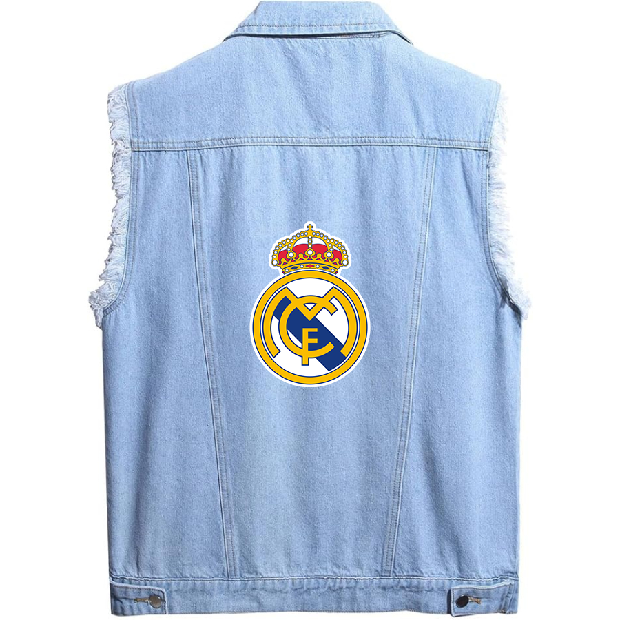 Men's  Real Madrid Soccer  - Sleeveless Distressed Denim Vest – Rugged Black Jean Jacket