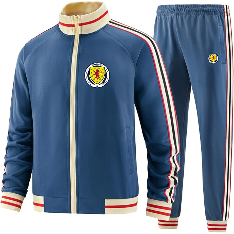 Men's  Scotland National Soccer Team  - Premium Two-Piece Designer Tracksuit with Bold Striped Accents and Zippered Front - Elevated Athletic Wear