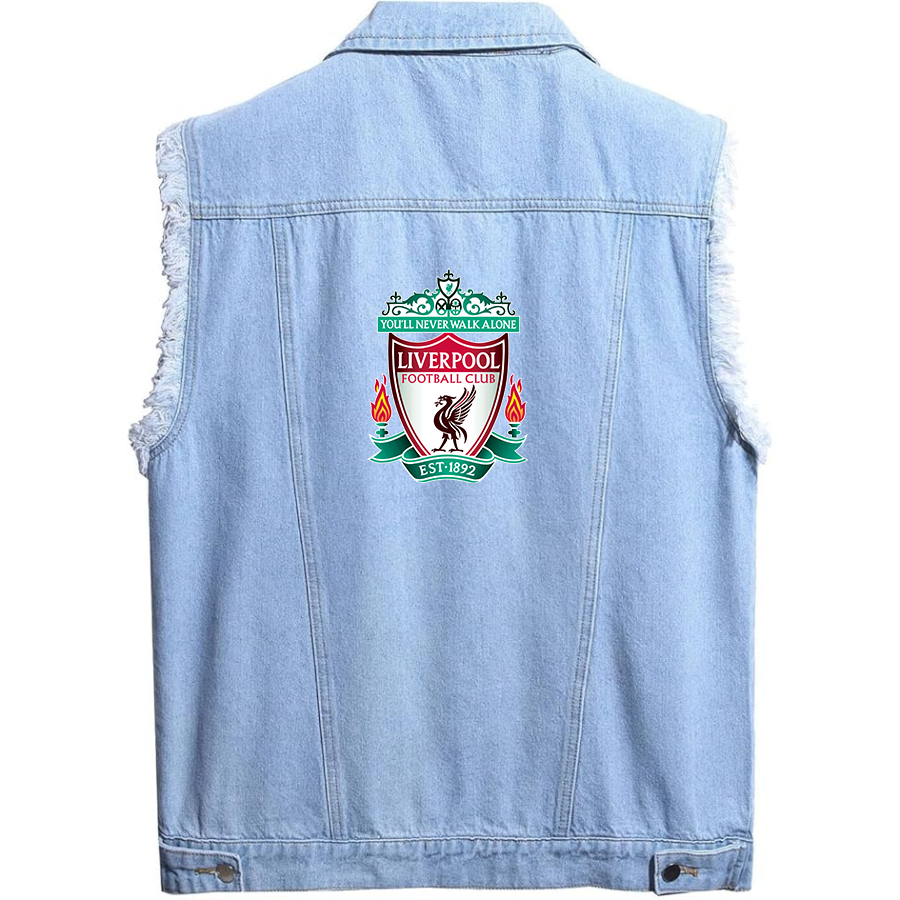 Men's  Liverpool Football Club Est.1892 - Sleeveless Distressed Denim Vest – Rugged Black Jean Jacket