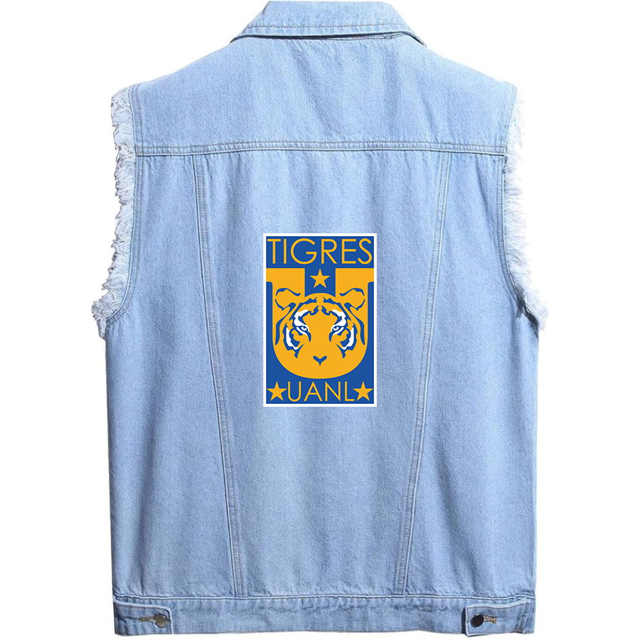 Men’s Tigres UANL FC  - Sleeveless Distressed Denim Vest – Rugged Black Jean Jacket