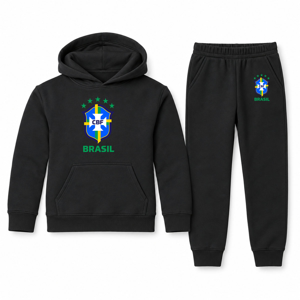 Brasil National Soccer Team youth hoodie jogger set, Black, Youth Large ages 10–12