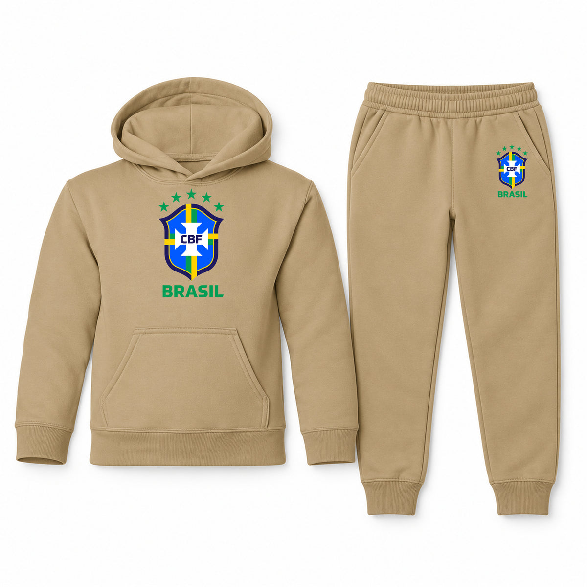 Brasil National Soccer Team youth hoodie jogger set, Khaki, Youth Large ages 10–12