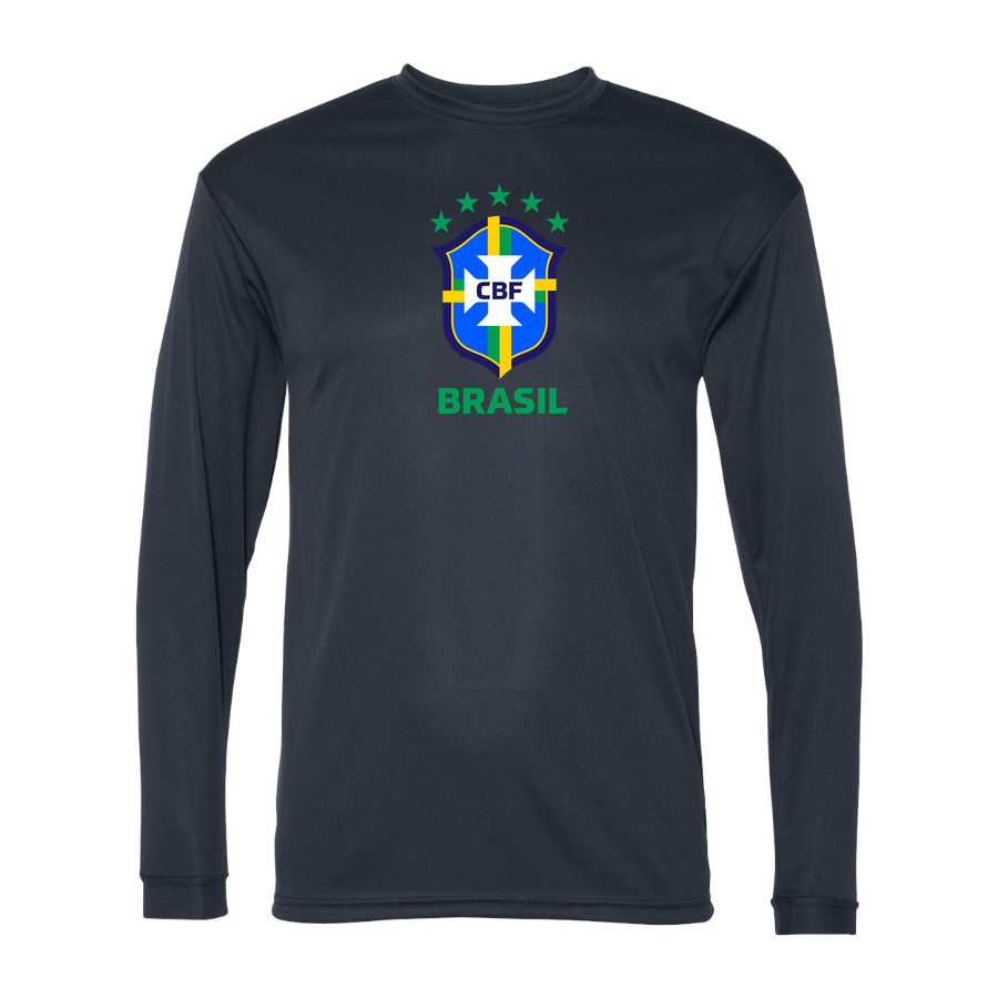Men's Brasil National Soccer Team Performance Long Sleeve T-Shirt | Color: Navy | Original artwork on Drive garment