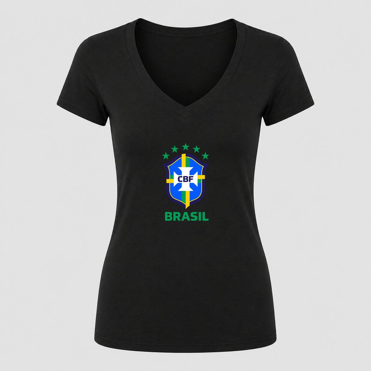 Women's Brasil National Soccer Team V-Neck T-Shirt | Color: Black | Original artwork on Drive garment