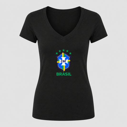 Women's Brasil National Soccer Team V-Neck T-Shirt | Color: Black | Original artwork on Drive garment