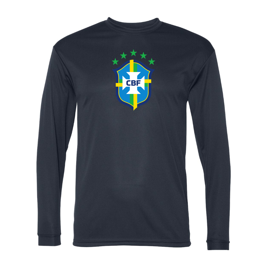 Men's Brazil National Soccer Team Performance Long Sleeve T-Shirt | Color: Navy | Original artwork on Drive garment