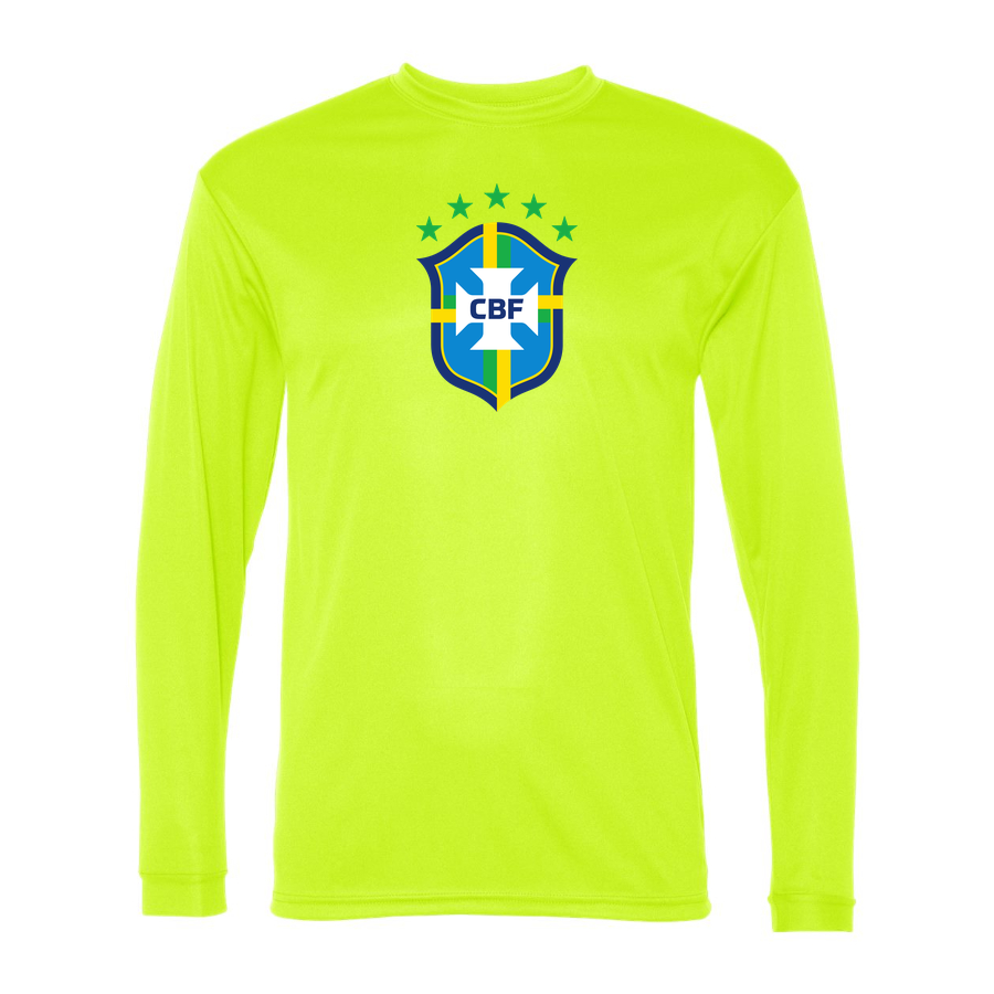 Men's Brazil National Soccer Team Performance Long Sleeve T-Shirt | Color: Safety Yellow | Original artwork on Drive garment
