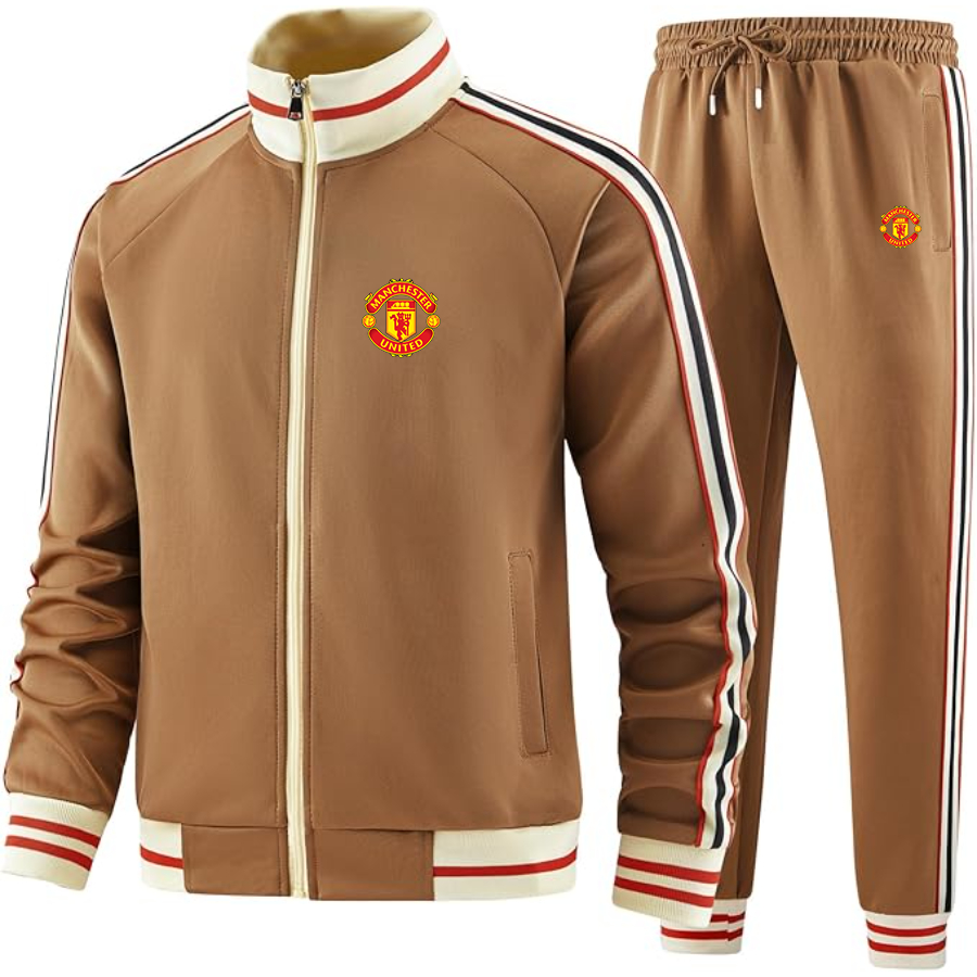 Men's  Manchester United Soccer - Premium Two-Piece Designer Tracksuit with Bold Striped Accents and Zippered Front - Elevated Athletic Wear