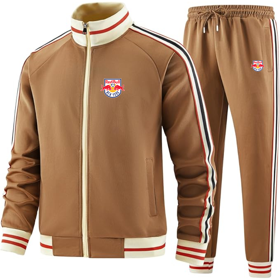 Men's  New York Red Bulls FC - Premium Two-Piece Designer Tracksuit with Bold Striped Accents and Zippered Front - Elevated Athletic Wear