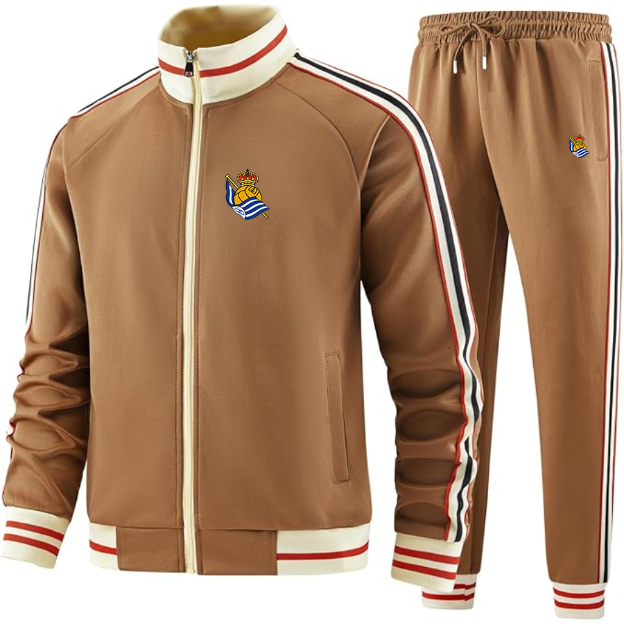 Men's  Real Sociedad FC  - Premium Two-Piece Designer Tracksuit with Bold Striped Accents and Zippered Front - Elevated Athletic Wear