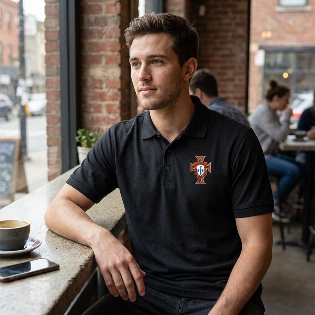 Casual male model wearing Portugal Dry Blend Polo at a café with natural light, emphasizing relaxed fit and fabric texture.