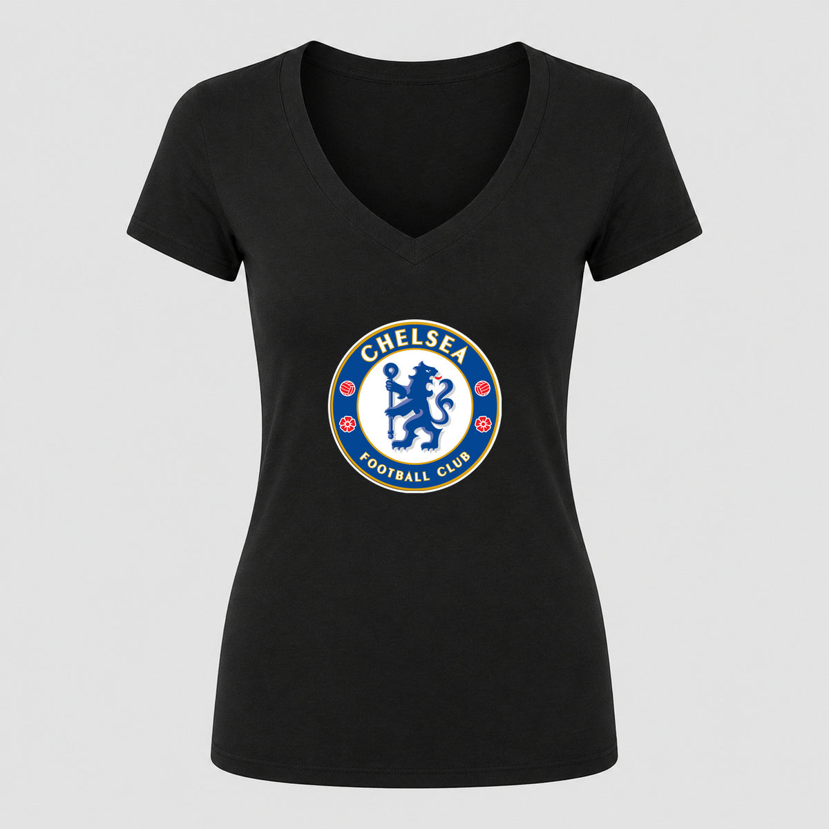 Women's Chelsea Soccer V-Neck T-Shirt | Color: Black | Original artwork on Drive garment
