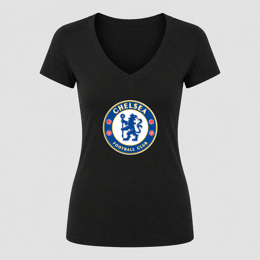 Women's Chelsea Soccer V-Neck T-Shirt | Color: Black | Original artwork on Drive garment
