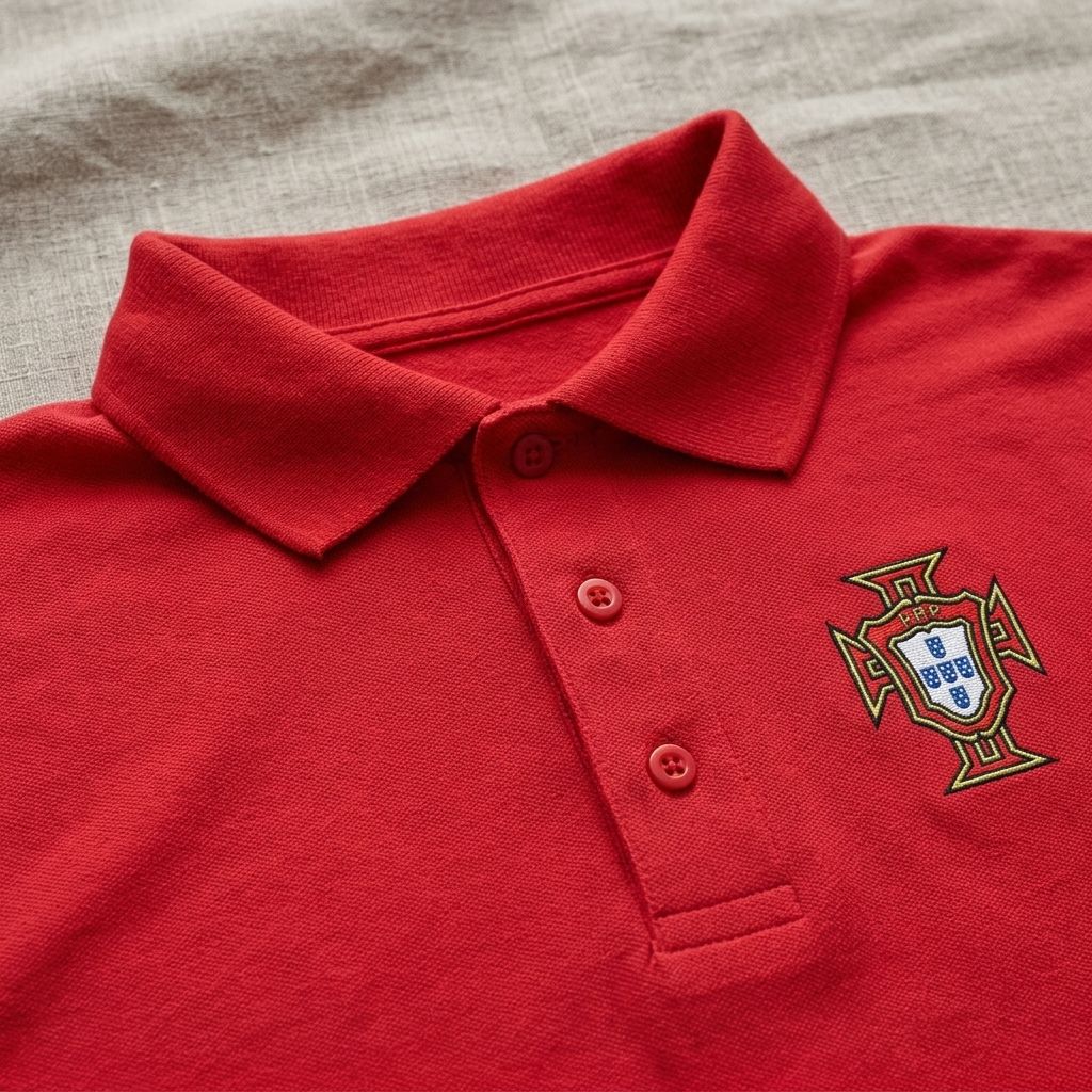 Close-up of Portugal soccer Dry Blend Polo fabric, focusing on knit texture, buttons, and stitching on a neutral background.