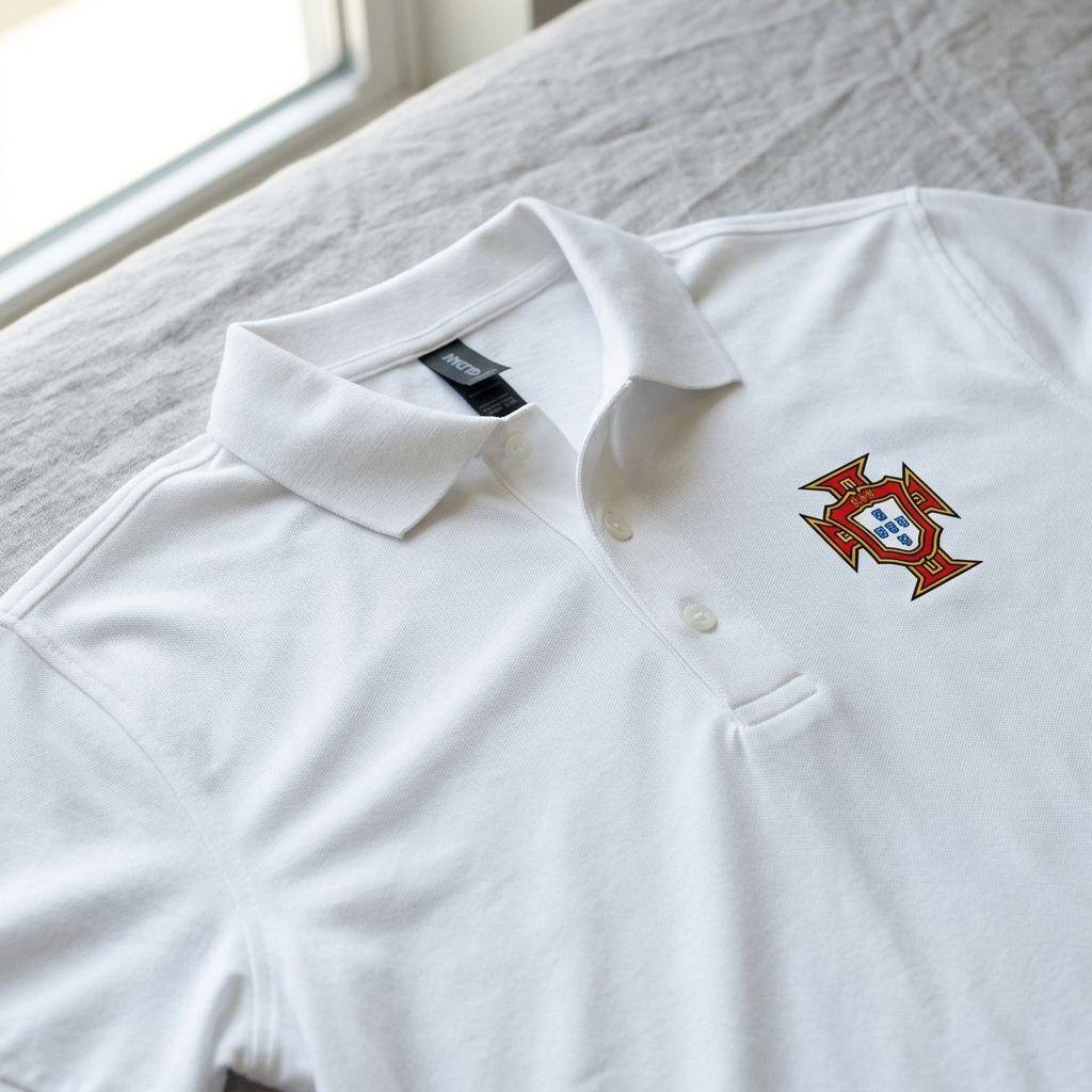 Close-up of men's Portugal soccer team Dry Blend polo highlighting fabric texture, collar, buttons, and tear-away label with natural daylight.