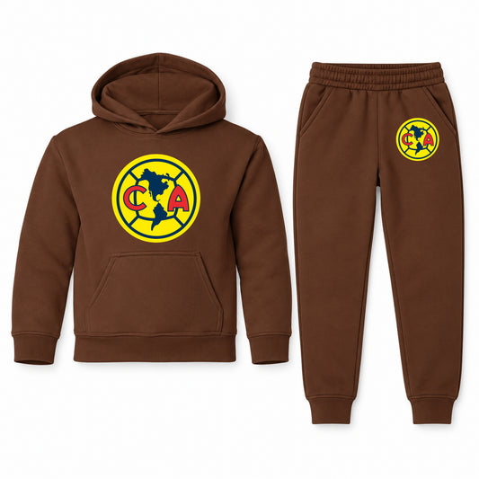 Club America Football youth hoodie jogger set, Brown, Youth Large ages 10–12