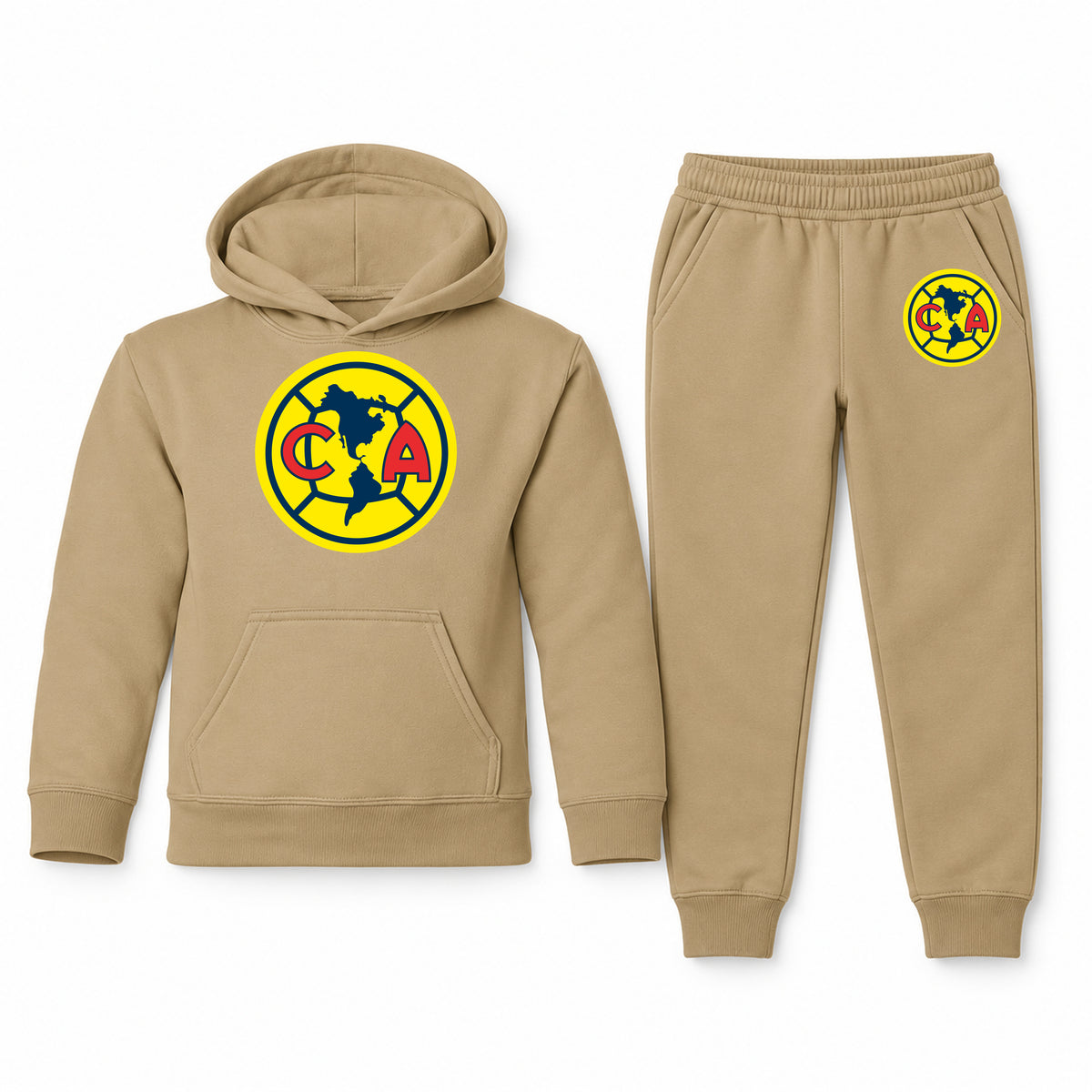 Club America Football youth hoodie jogger set, Khaki, Youth Large ages 10–12