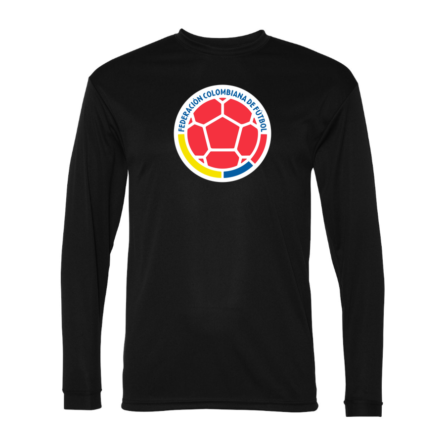 Men's Colombia National Soccer Team Performance Long Sleeve T-Shirt | Color: Black | Original artwork on Drive garment