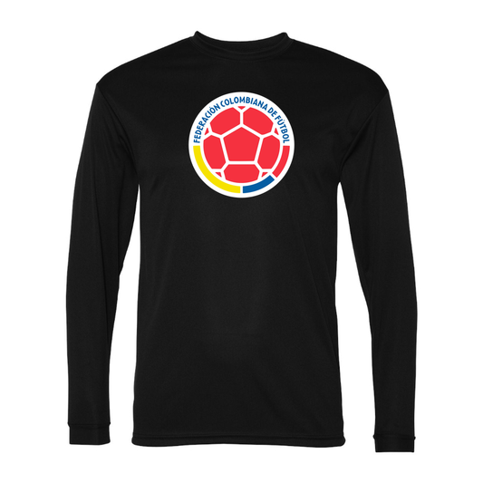 Men's Colombia National Soccer Team Performance Long Sleeve T-Shirt | Color: Black | Original artwork on Drive garment