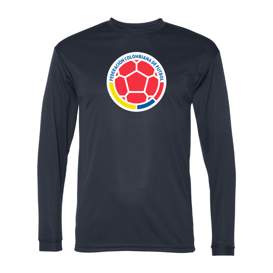 Men's Colombia National Soccer Team Performance Long Sleeve T-Shirt | Color: Navy | Original artwork on Drive garment