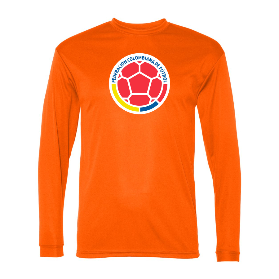 Men's Colombia National Soccer Team Performance Long Sleeve T-Shirt | Color: Orange | Original artwork on Drive garment